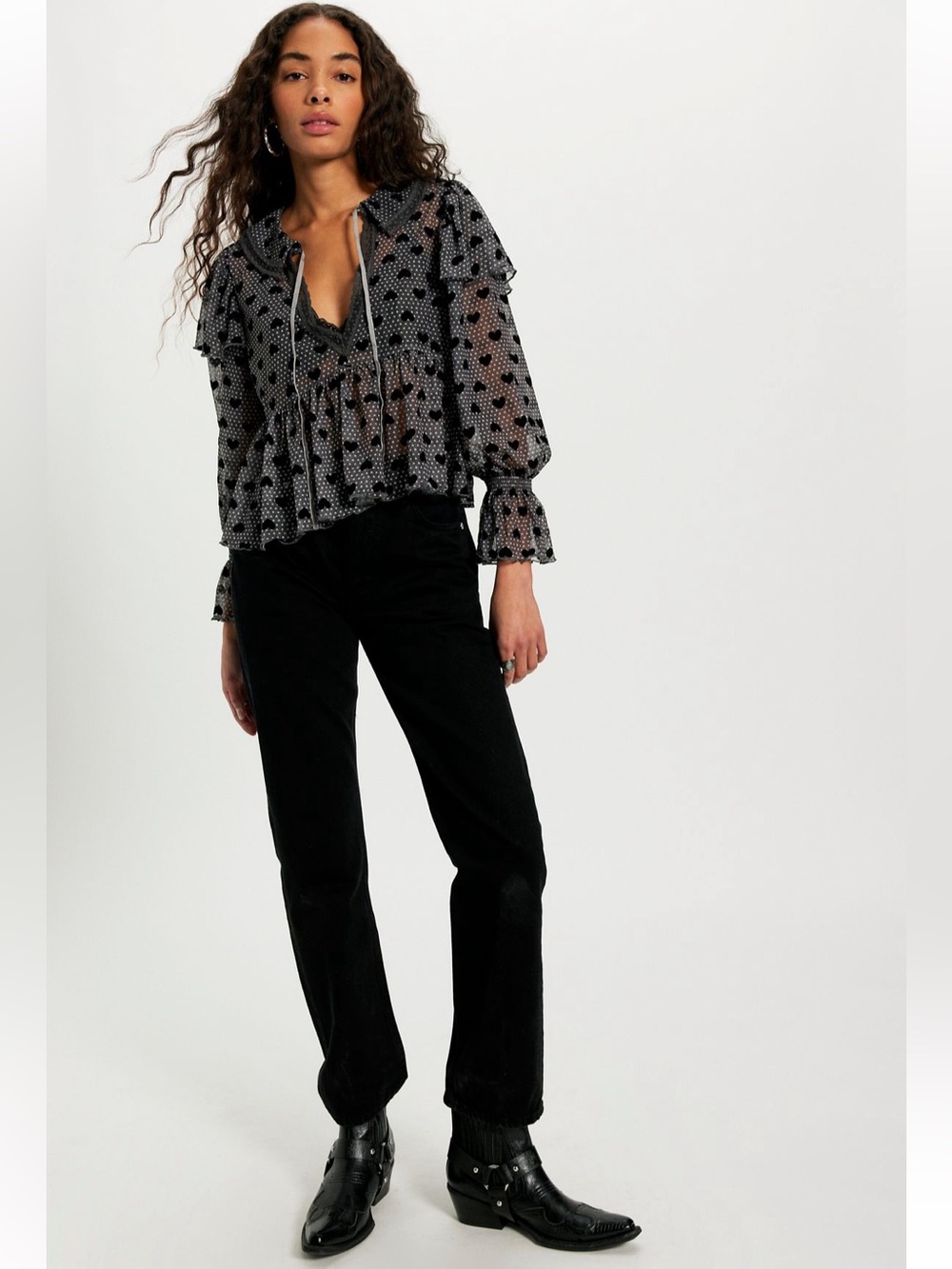 NWT Free People Long Sleeve Cordella Blouse in Charcoal Heart Combo Size Medium